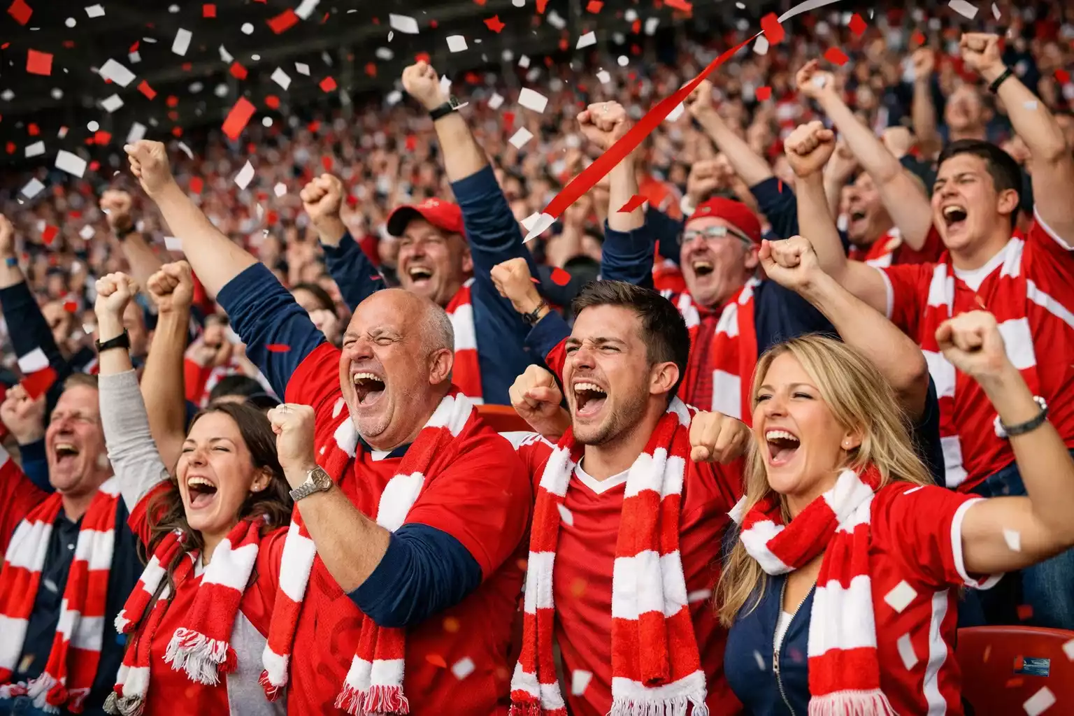 Voetbalsupporters juichen bij doelpunt in stadion