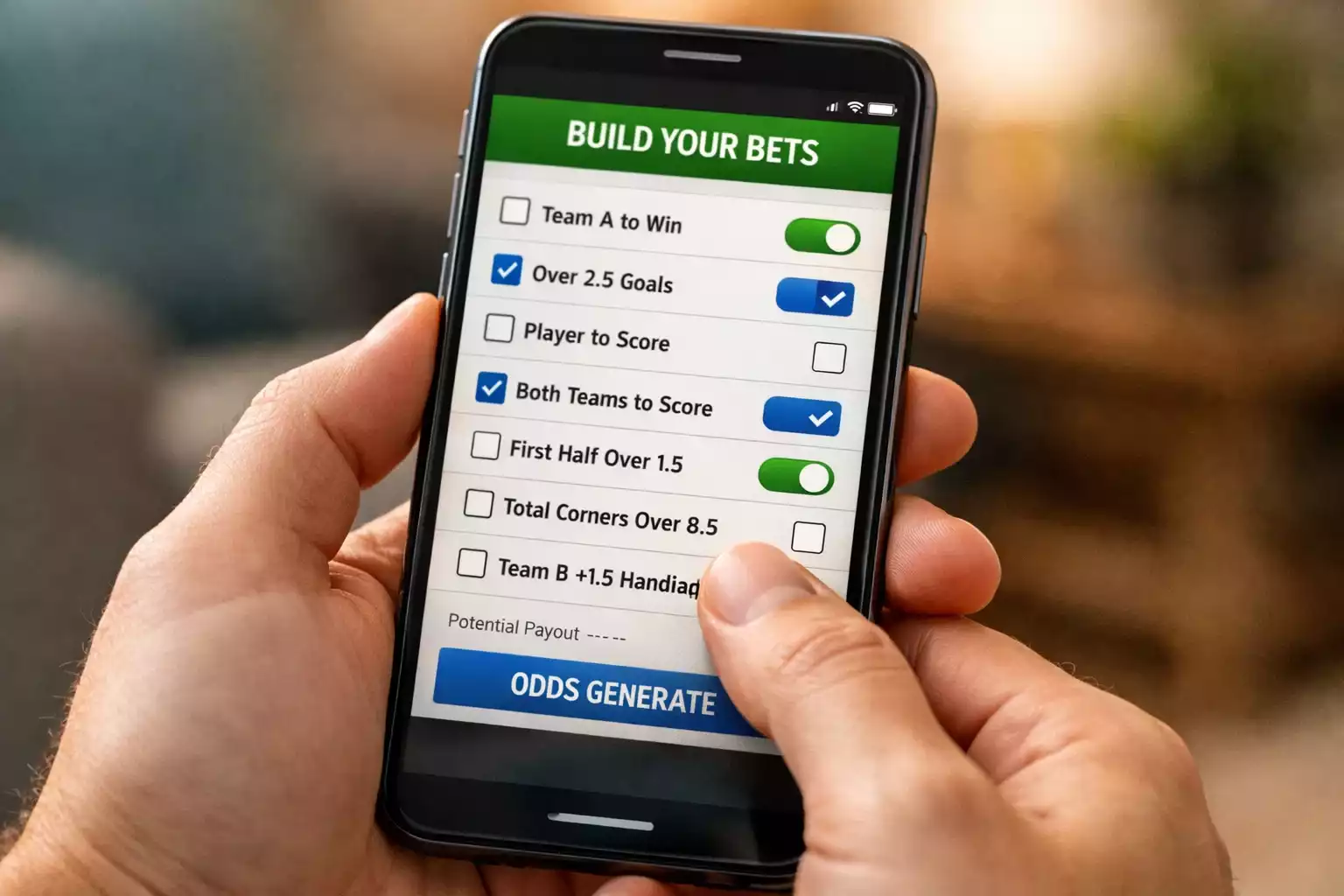 Hand houdt telefoon met bet builder interface