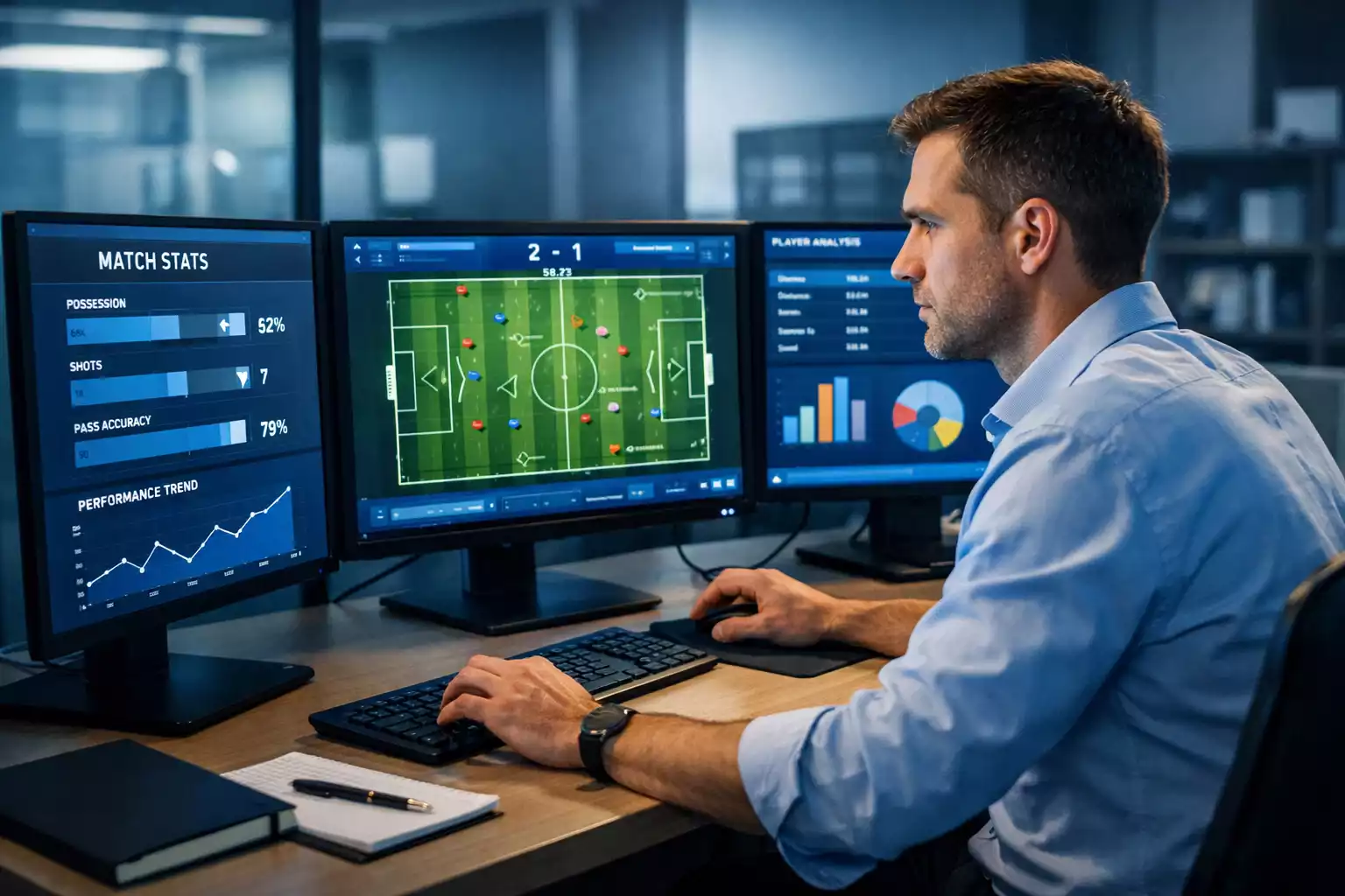 Analist bestudeert voetbalwedstrijd data op meerdere schermen