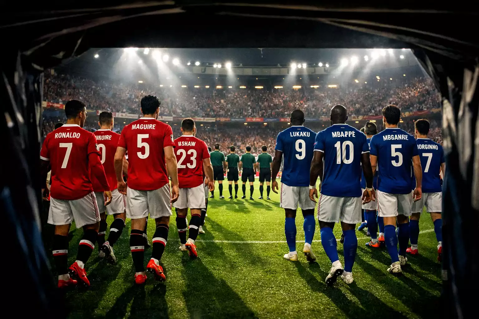 Voetballers betreden veld voor Champions League wedstrijd