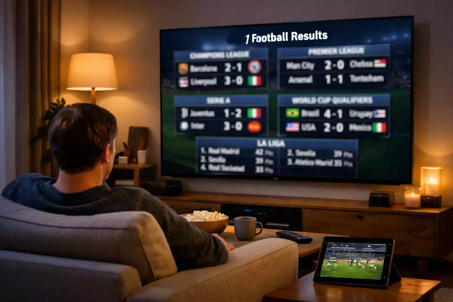 Persoon bekijkt internationale voetbaluitslagen op groot scherm