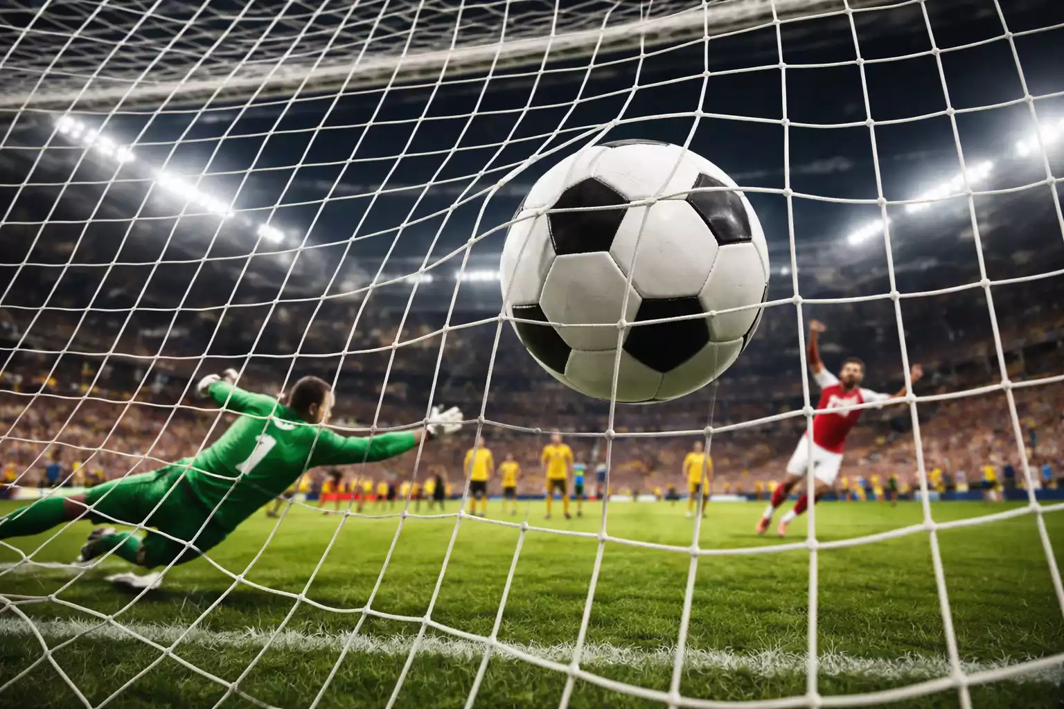 Keeper duikt naar hoek terwijl bal in doel gaat