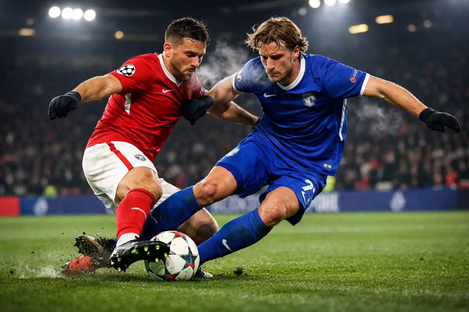 Voetbalactie tijdens Europese clubwedstrijd onder floodlights