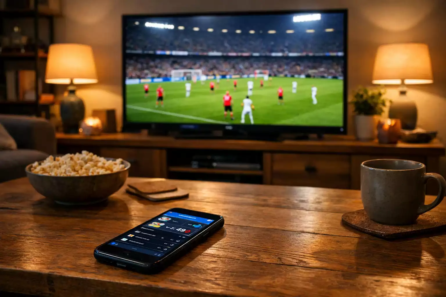 Persoon kijkt voetbal op tv terwijl telefoon met wedapp naast ligt