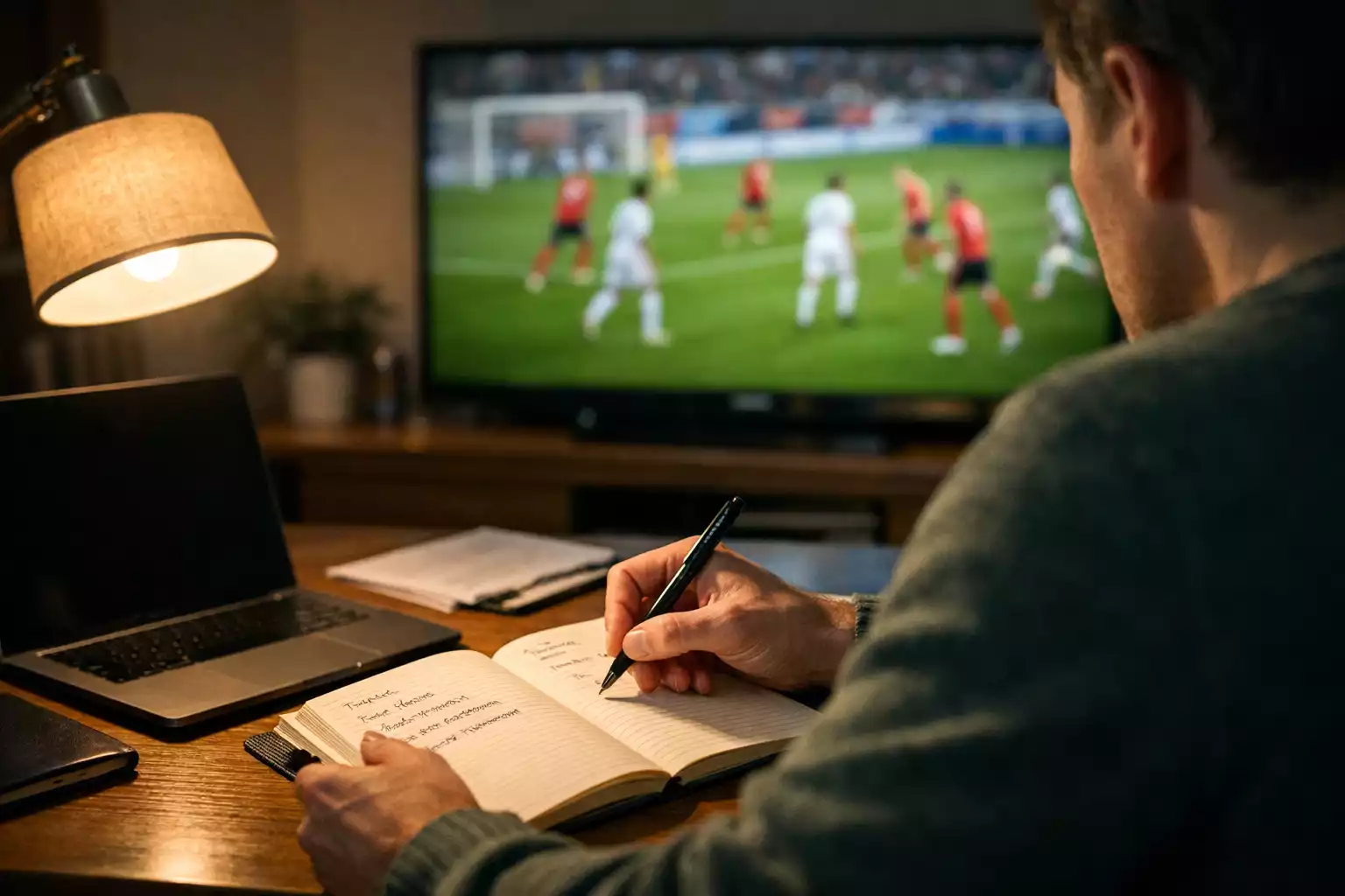 Persoon maakt aantekeningen tijdens voetbalwedstrijd op tv