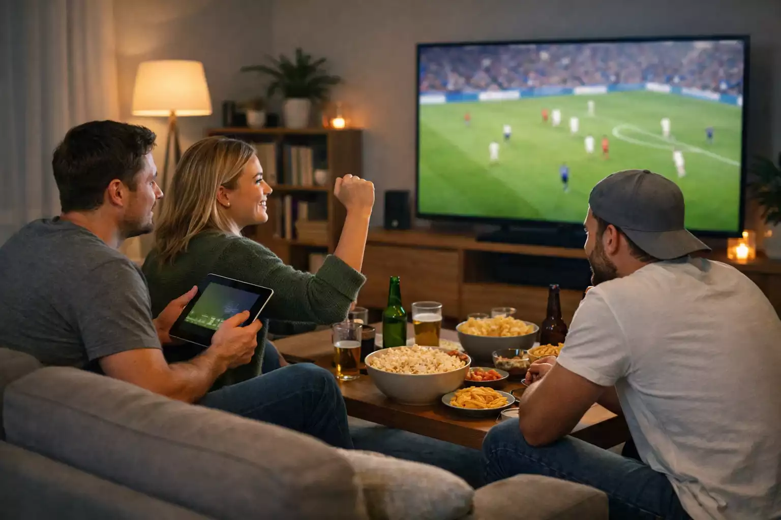 Vrienden kijken live voetbalwedstrijd in huiskamer met tablet