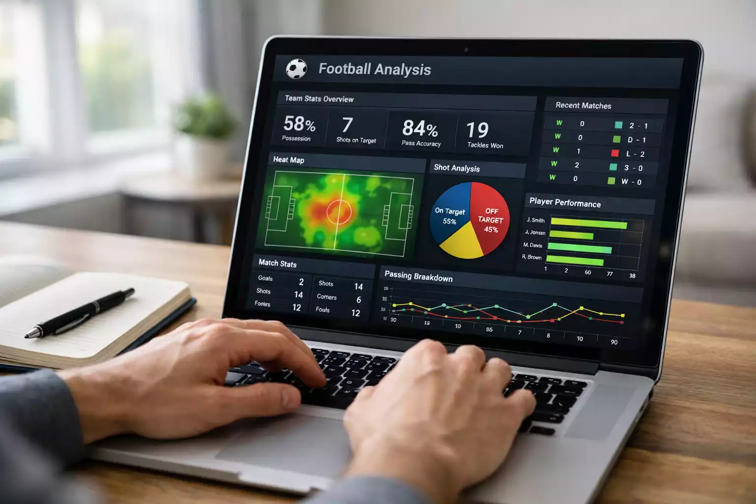 Persoon analyseert voetbalstatistieken op laptop