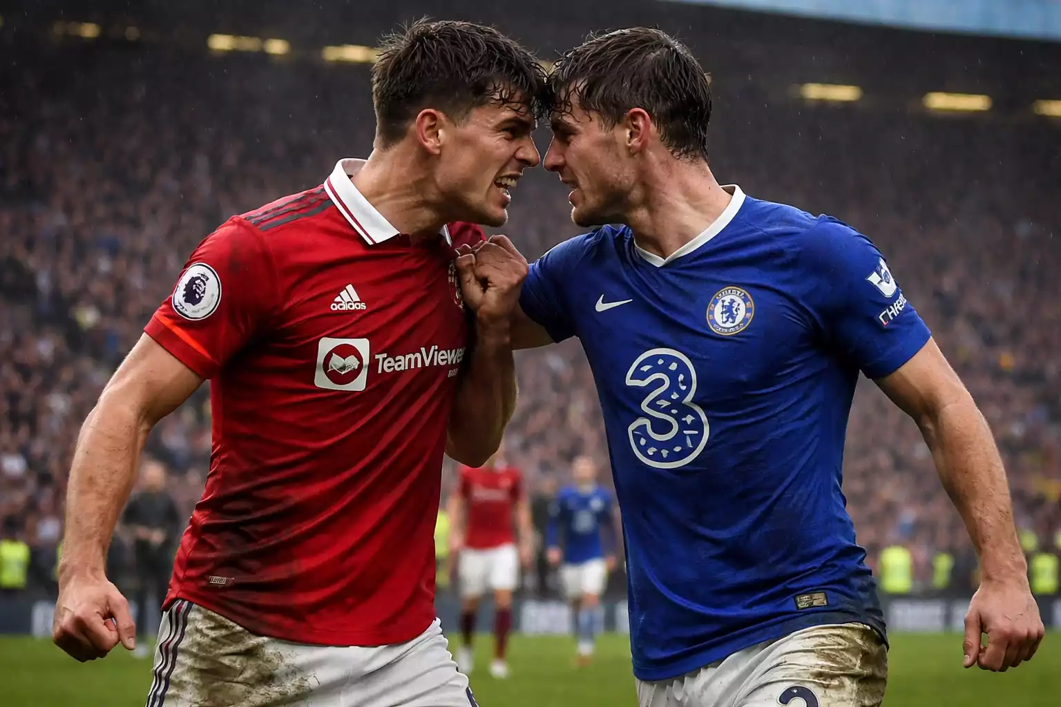 Intensief duel tussen spelers in Premier League wedstrijd