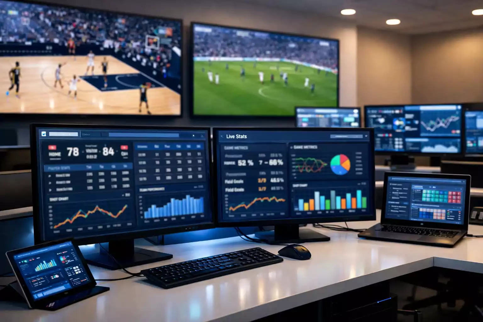 Modern kantoor met schermen die sportdata tonen