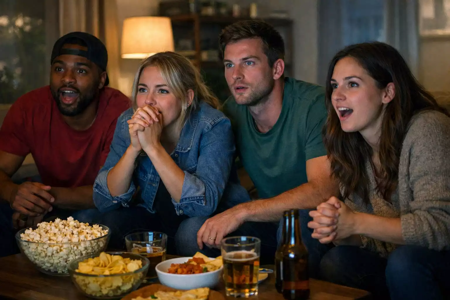 Fans in woonkamer kijken gespannen naar voetbalwedstrijd